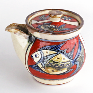 健陶藝　魚紋 宝瓶(急須) (赤)