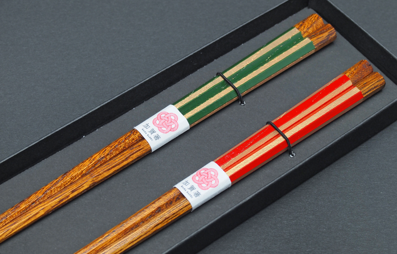 加賀箸　欅八角(塗分金箔 緑&赤)　/夫婦セット